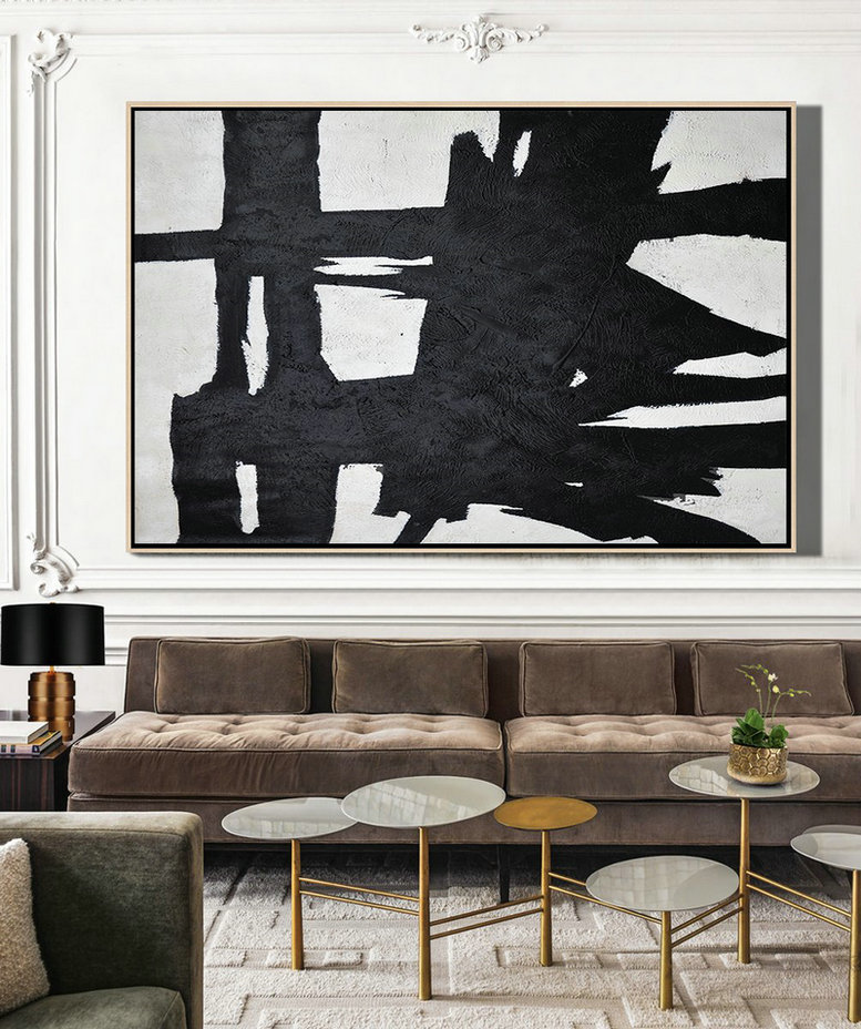 Canvas Artwork For Sale,Horizontal Minimal Painting On Canvas, Black, White And Grey Textured Art - Acrylic Minimailist Painting